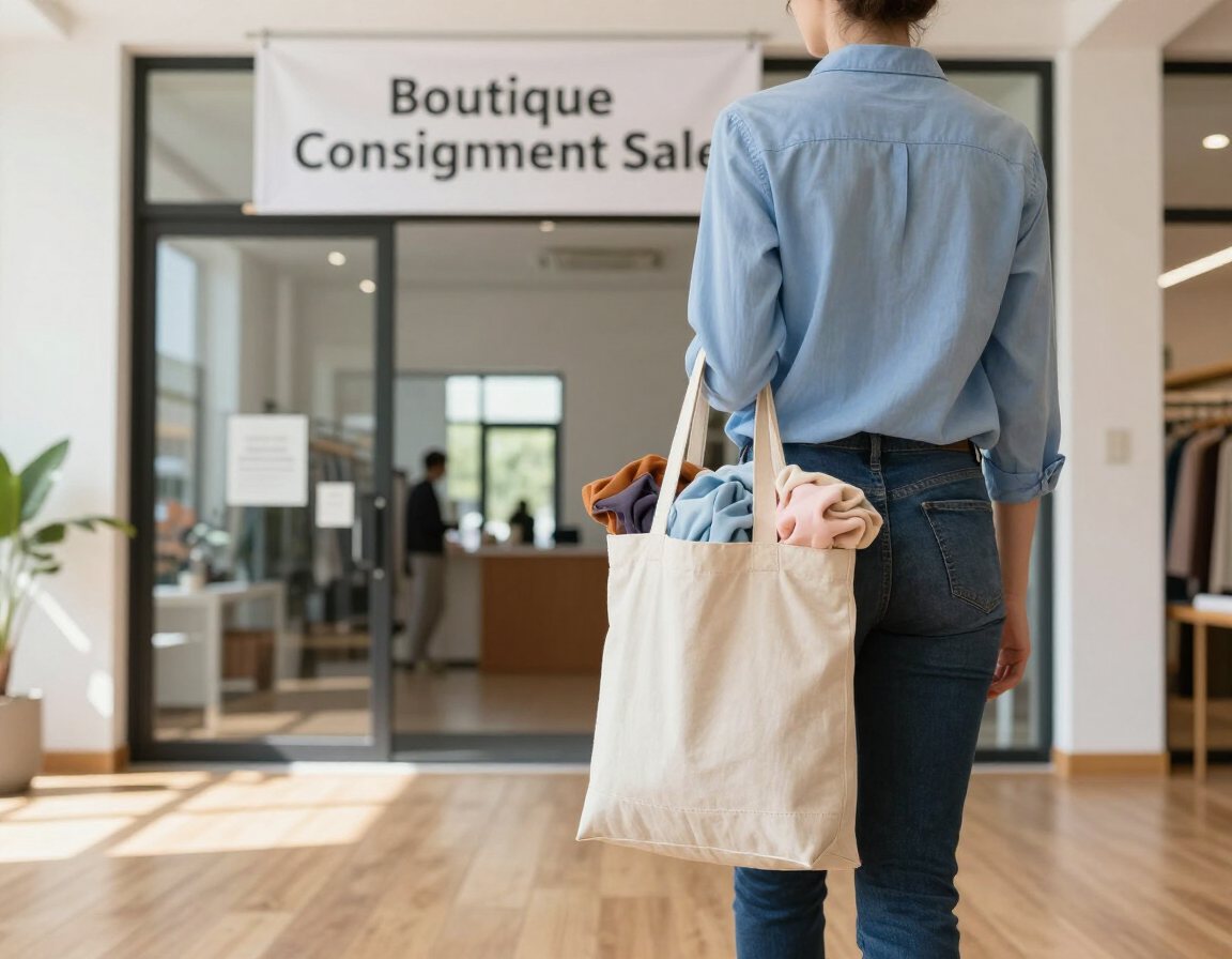 Person holding a tote bag walks into a boutique consignment shop
