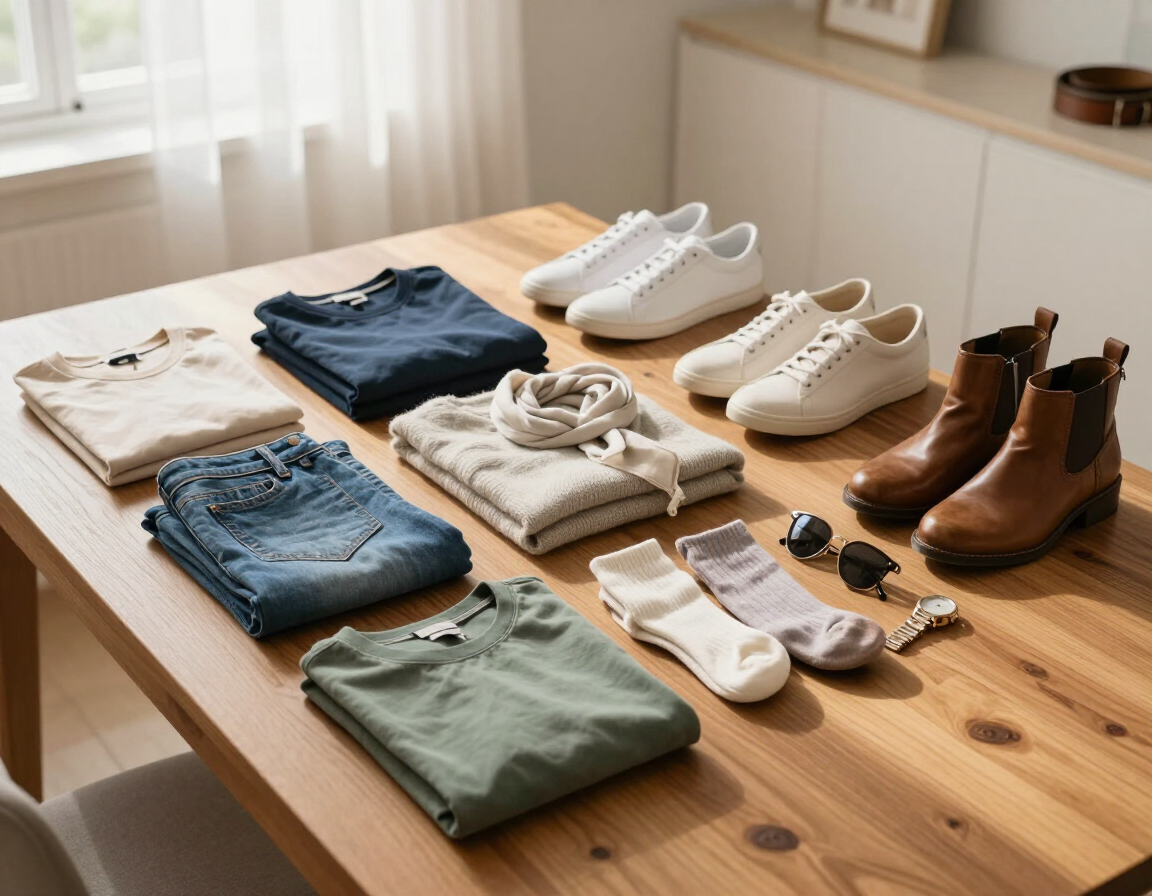 Neatly folded clothes, socks, shoes, and boots arranged on a wooden table in a bright room