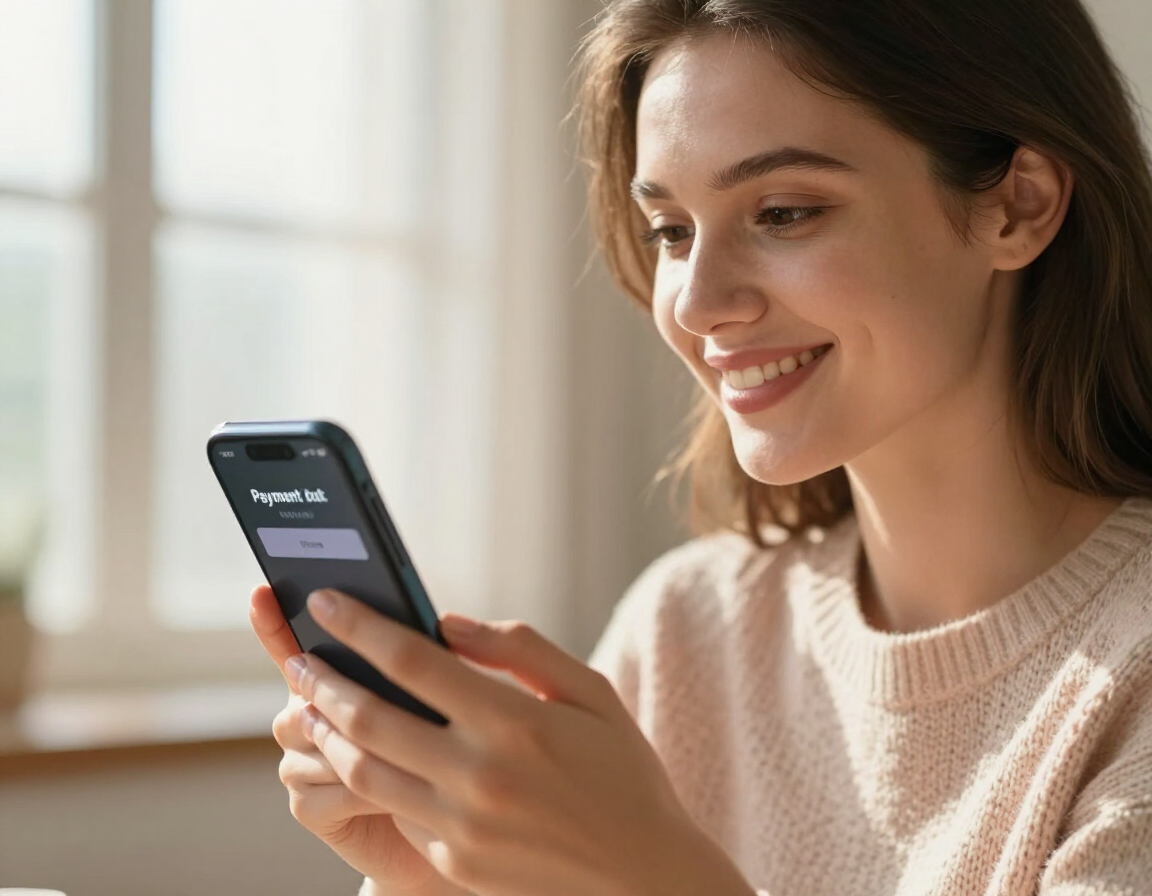 Smiling woman using a smartphone by a sunlit window
