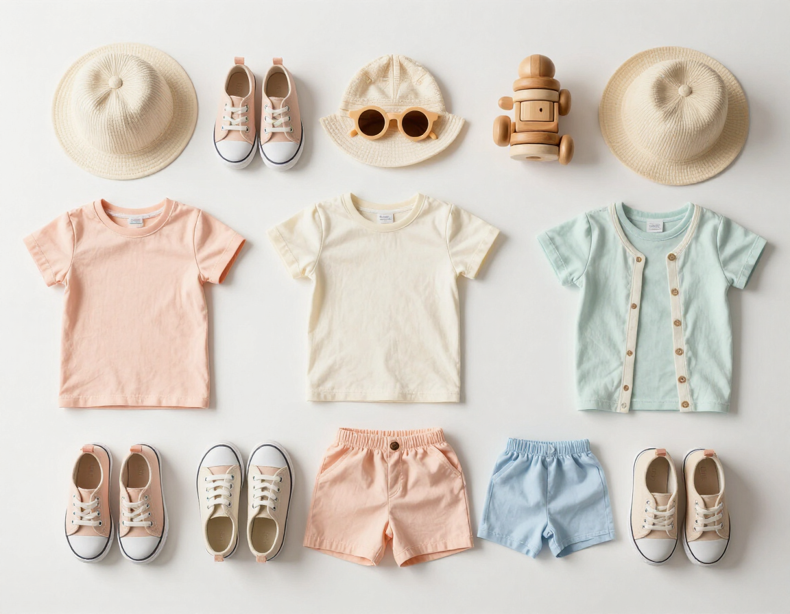 Pastel baby clothes and accessories arranged in a flat lay on a white background