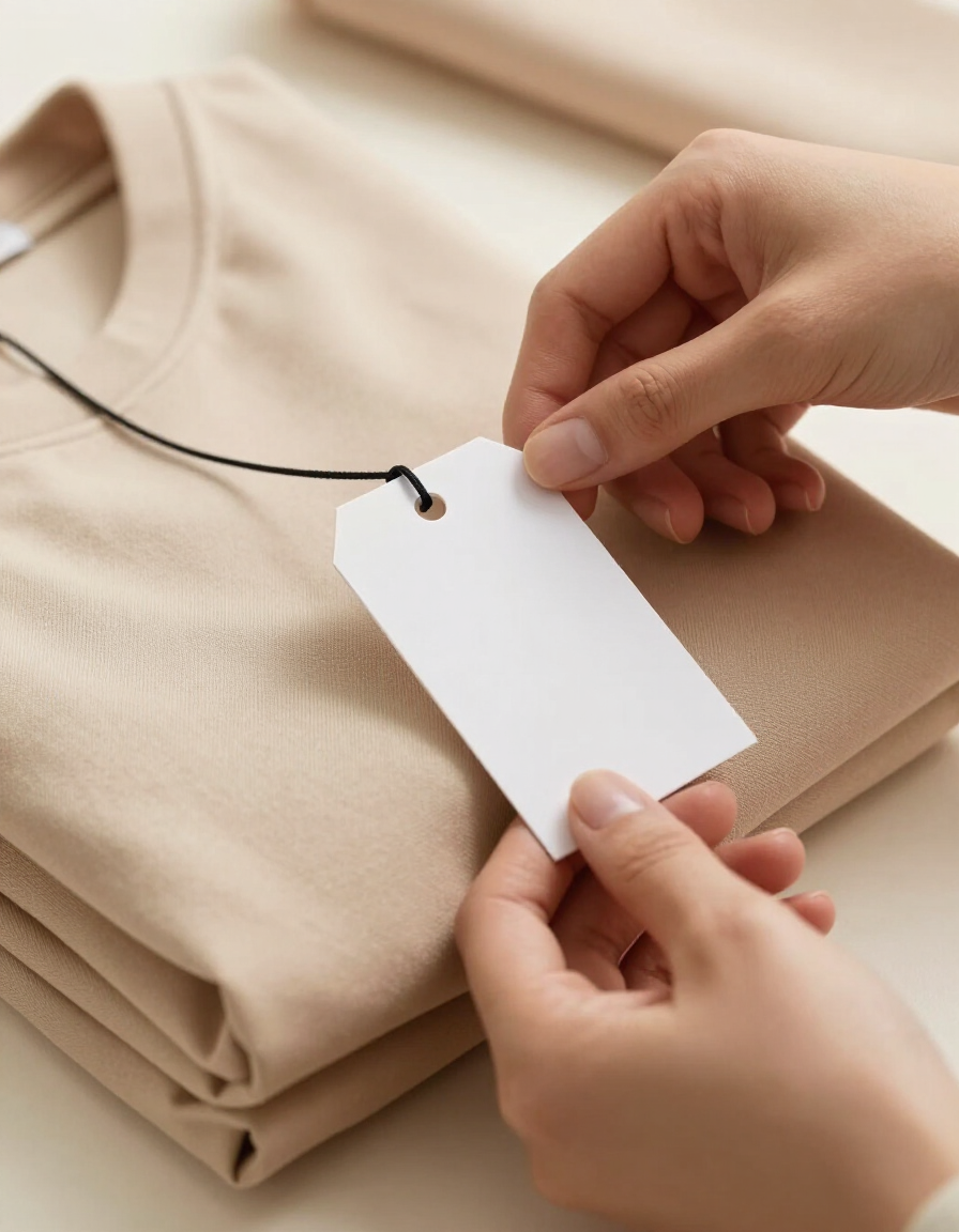 Hands attach a blank white tag to folded beige clothes on a table