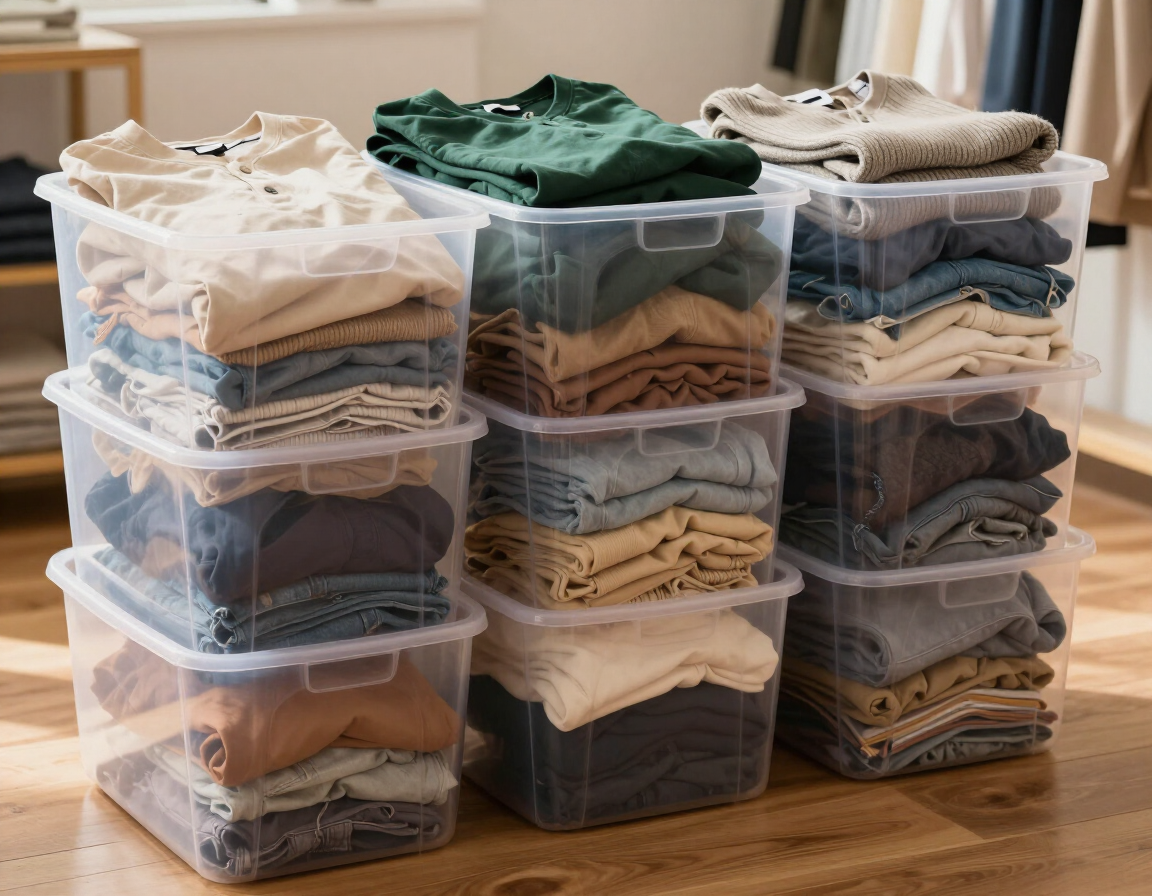 Stacked clear bins of folded clothes organized on a wooden floor, with more folded garments on top.