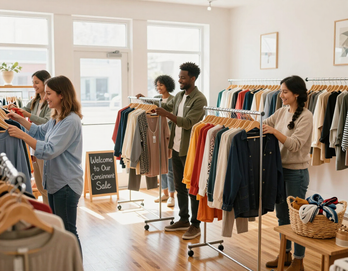 People browsing racks of clothes in a bright boutique with a “Welcome” sign near the entrance