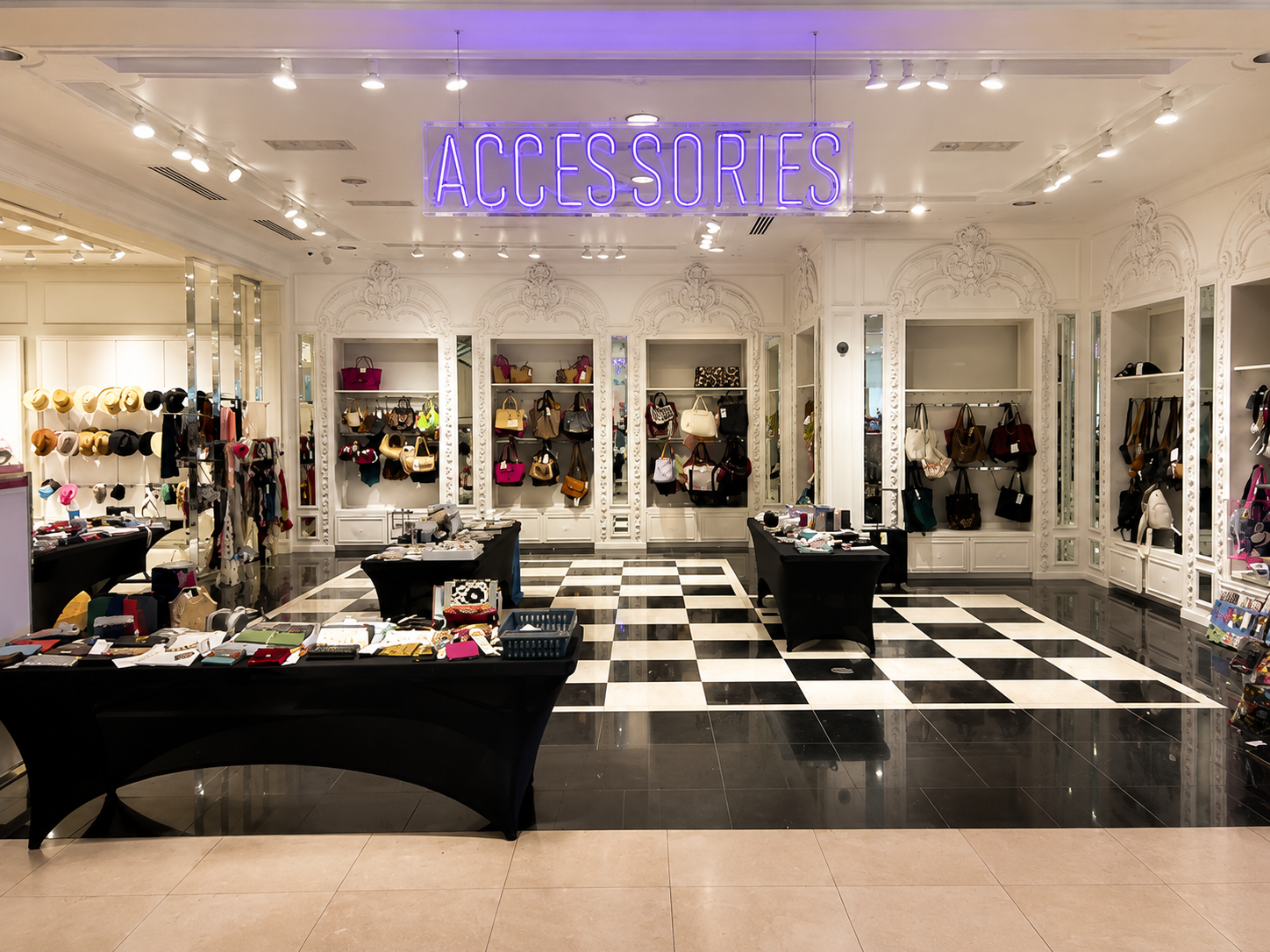 Accessory store interior with black-and-white checkered floor, display tables, and lit wall cases