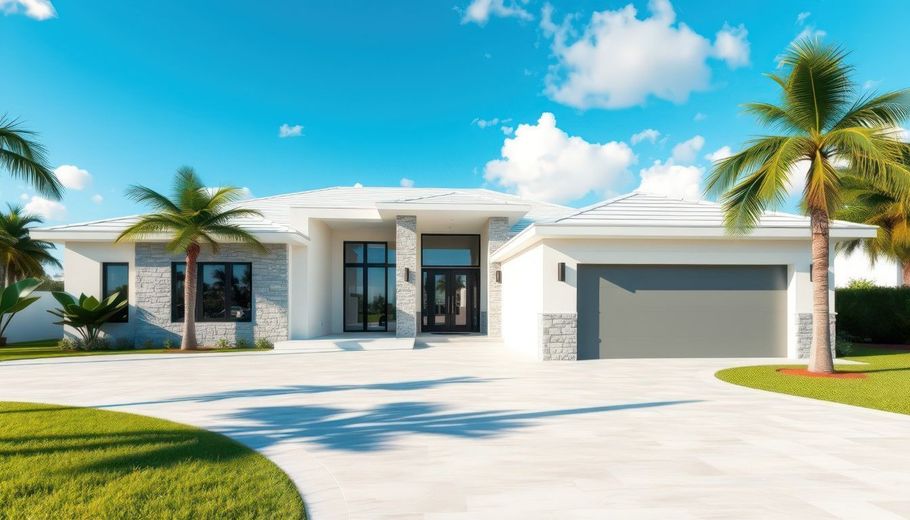 Modern white single-story house with palm trees, blue sky, and a two-car garage