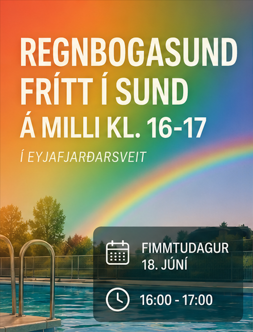 Sólsetursplakat fyrir sundnámskeið í Eyjafjarðarsveit, með sundlaug, regnboga og tímanum 16:00–17:00.