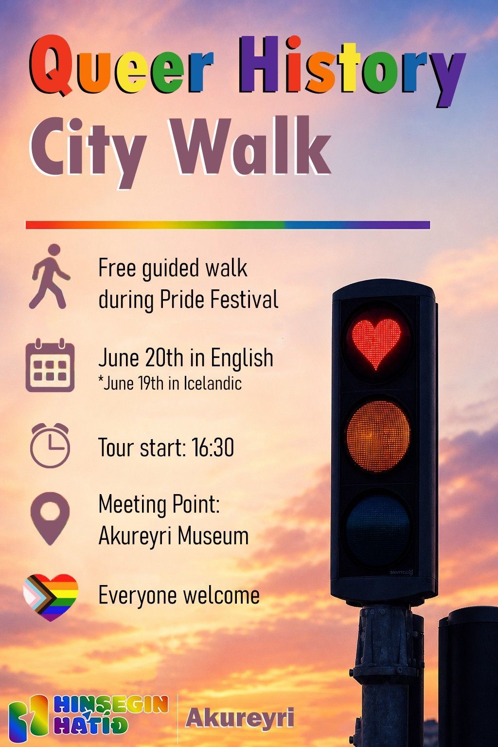 Poster for a walking tour about LGBTQ+ history, featuring a rainbow-colored title, information about