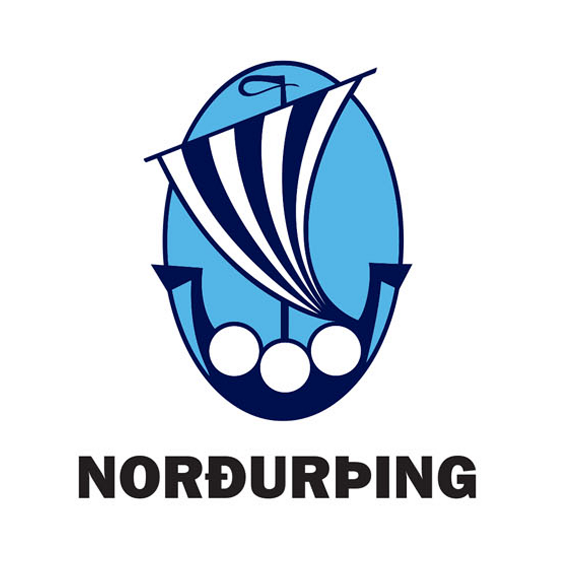 Merki Nordurping með bláum seglbát og þremur hvítum hringjum á sporöskjulaga bláum bakgrunni