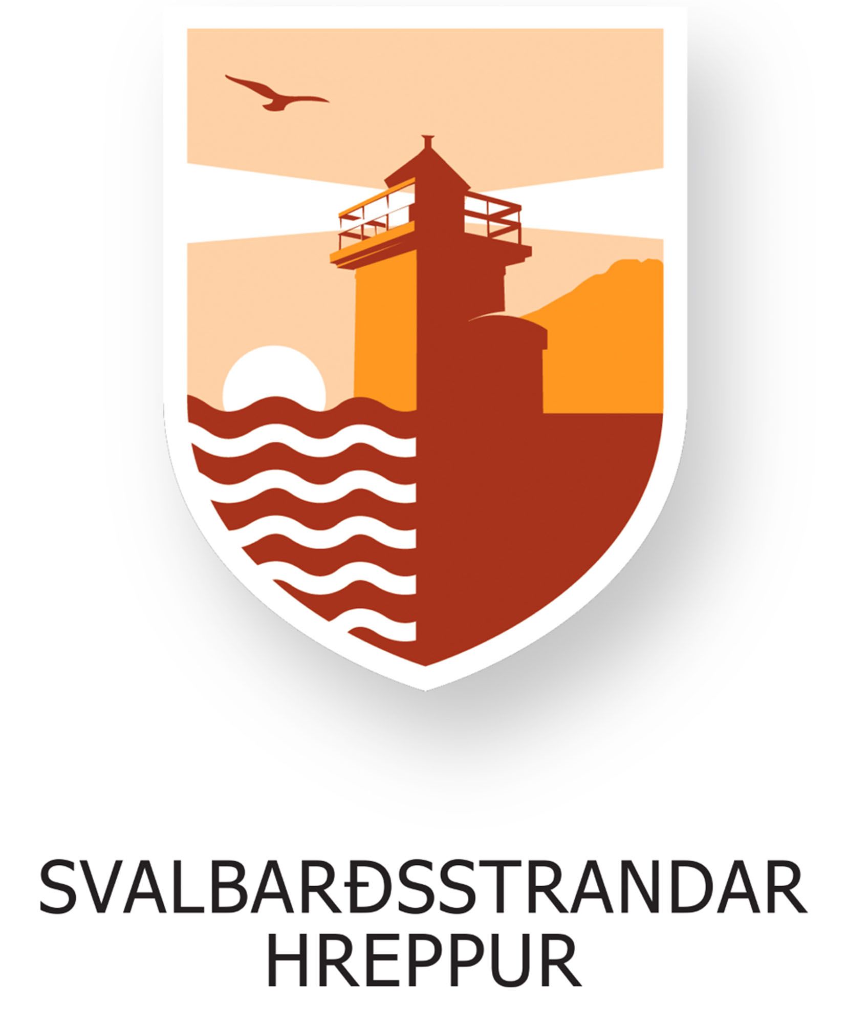 Appelsínugult og hvítt vitamerki með öldum og fugli, merkt „Svalbarðsstrandarhreppur“