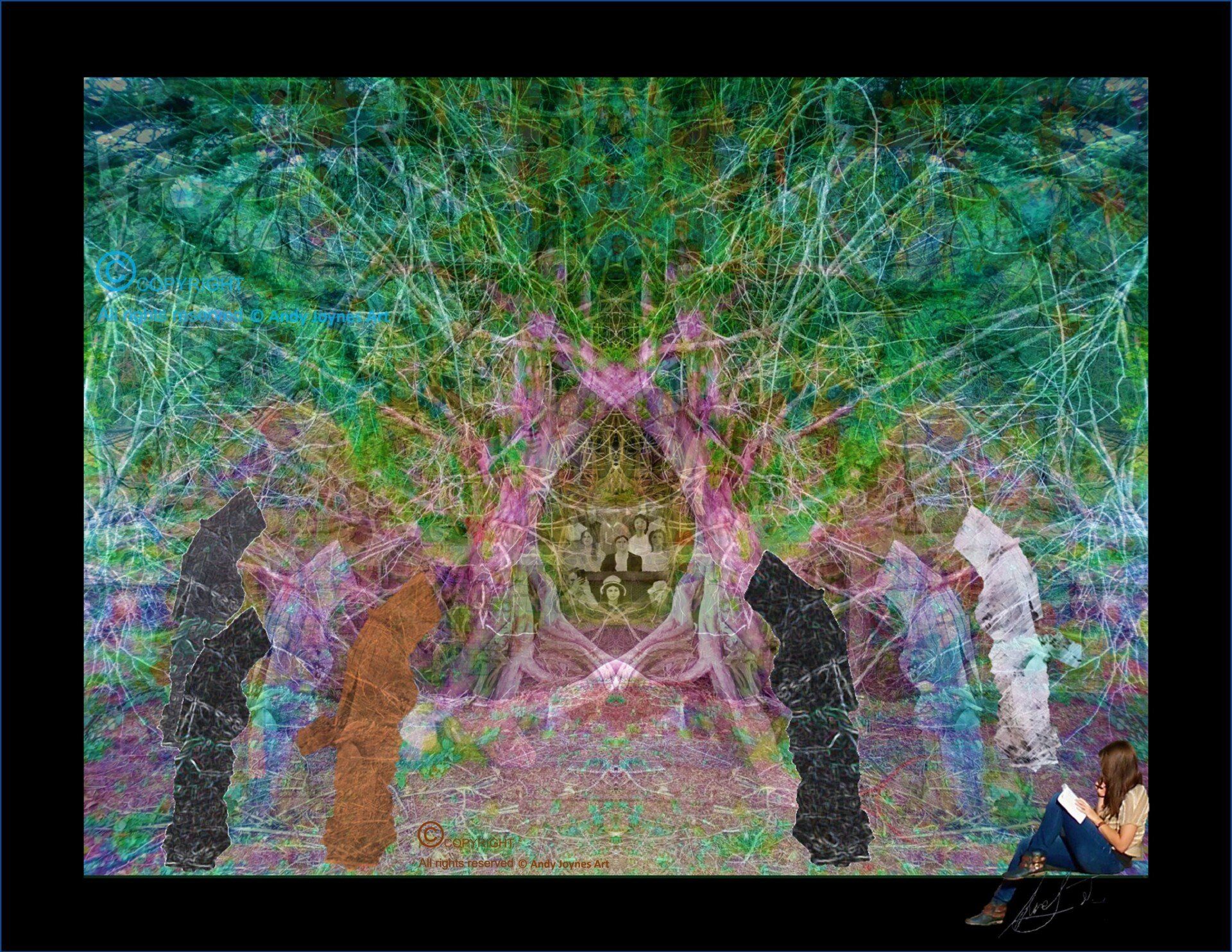 Ancient Yew trees with Druids around them practicing a sacred ceremony