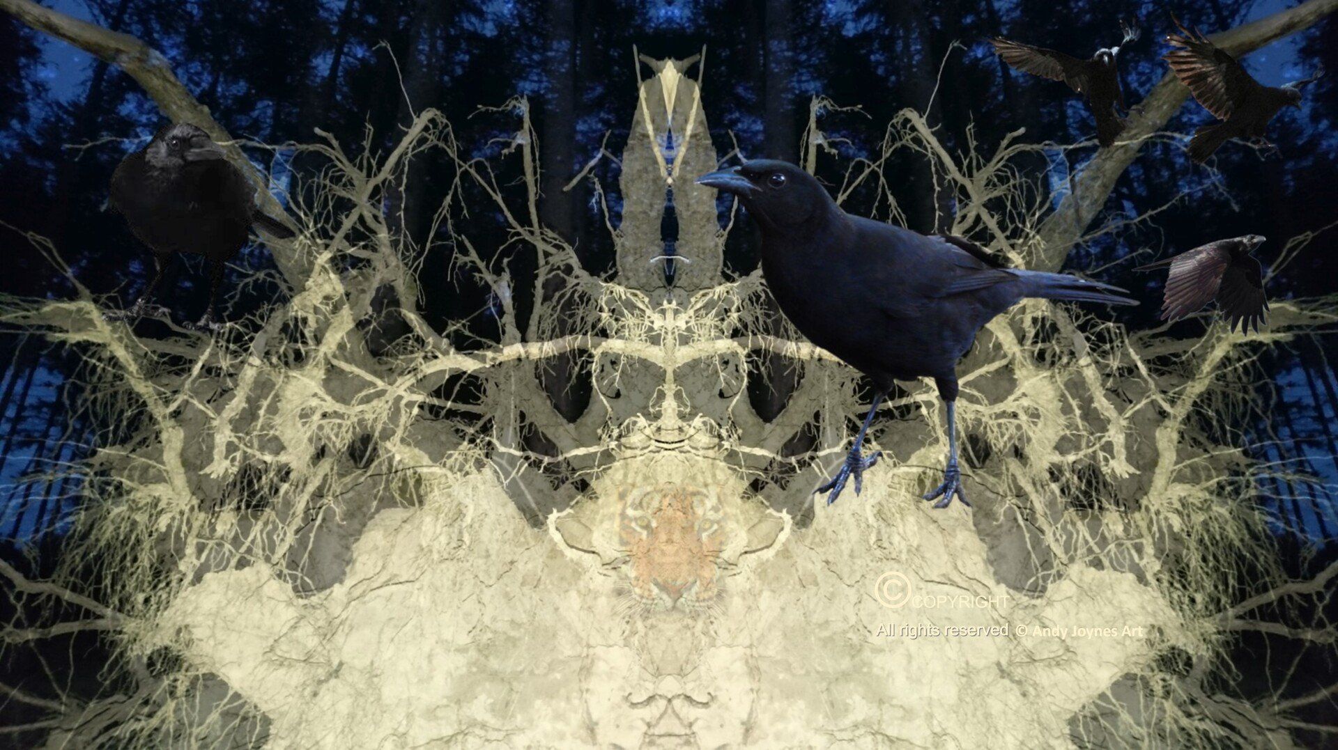 A surreal image of Jackdaws around a fallen tree root