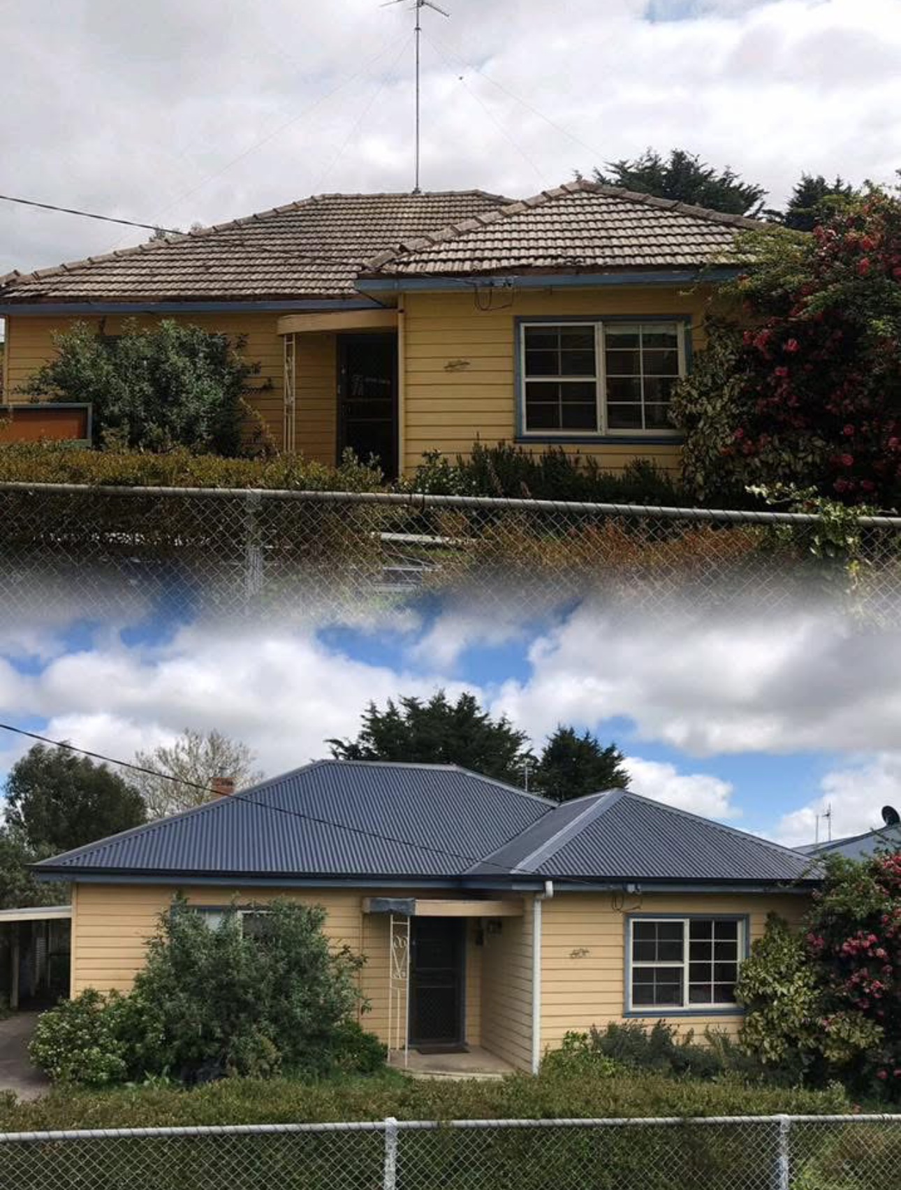 A Before and After Picture of a House With a Blue Roof — iFix Roofing Bendigo in Eaglehawk, VIC