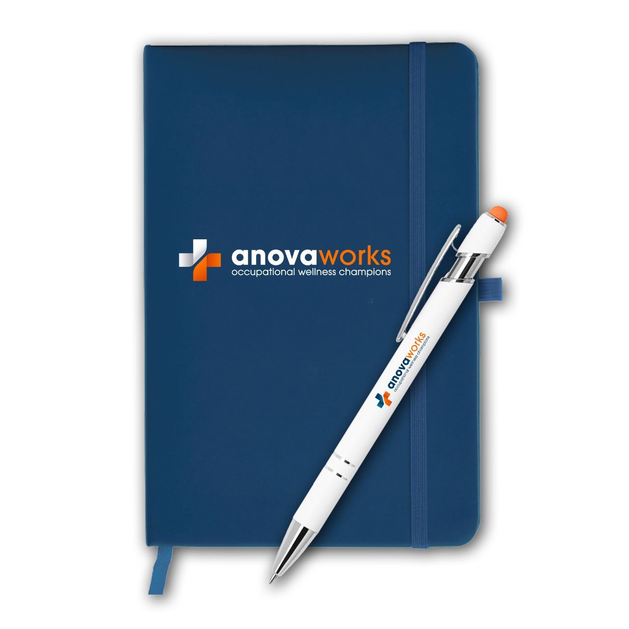 Blue notebook with orange-and-white logo and white pen with a logo next to it.