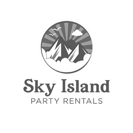 Sky Island Party Rentals logo: mountain scene in a circle with text below.