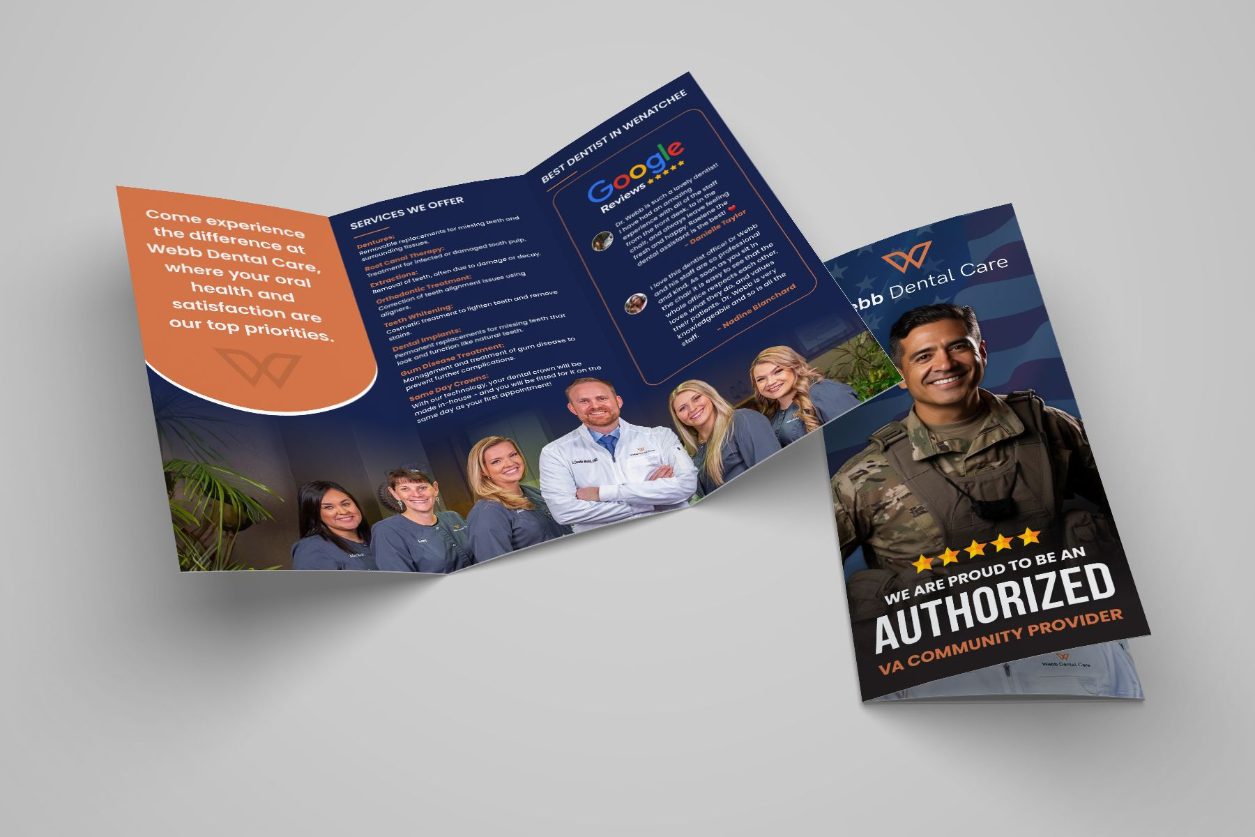 A tri-fold brochure promoting a dental clinic with staff photos and a Google review; authorized VA provider.