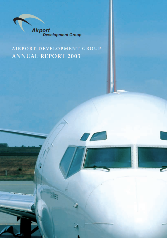 Airport Development Group Annual Report 2003 cover. White airplane nose on blue sky background.