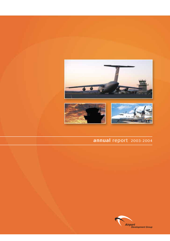 Orange cover of an annual report with airplane images and the text