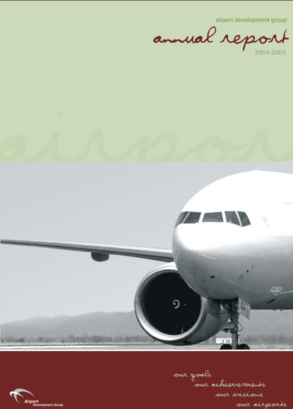Annual report cover with an airplane on a runway, text