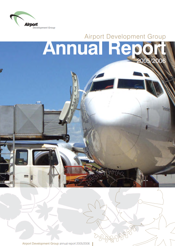 Airport Development Group annual report cover: airplane at gate, white truck, blue sky.