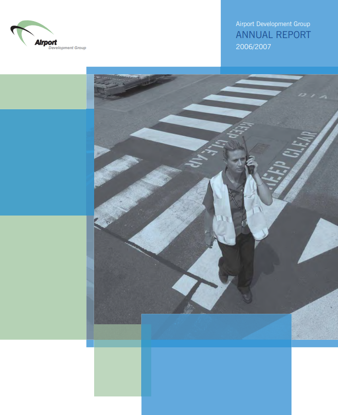 Cover: Woman on phone at crosswalk, airport setting. Title: Annual Report. Blue and green geometric shapes.