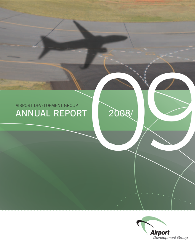 Annual Report cover: Shadow of a plane on an airport runway, 2008/09 text, green background.
