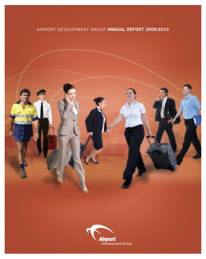Cover of Airport Development Group Annual Report 2009-2010, people walking with luggage against an orange backdrop.