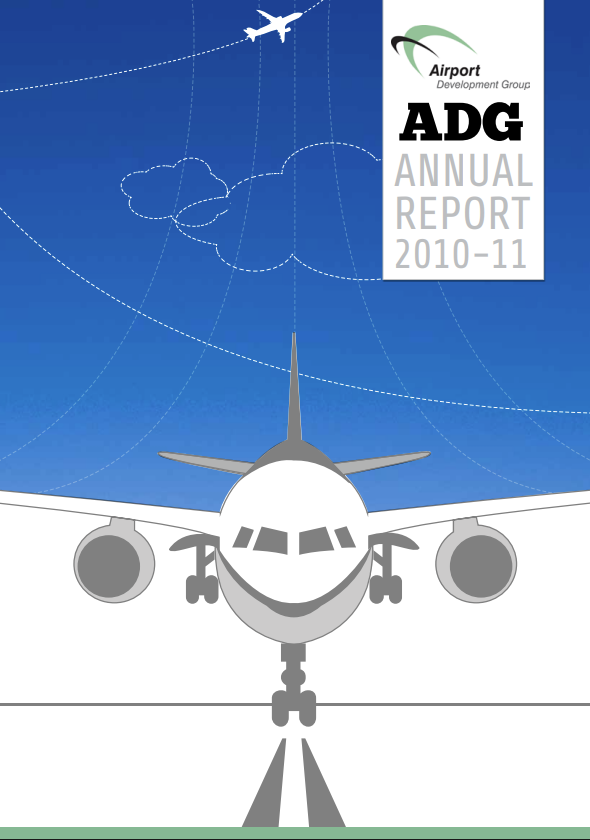 Front view of an airplane on the ground with a smaller airplane in the sky, blue background. ADG Annual Report 2010-11.