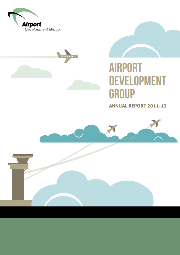 Airport Development Group annual report cover with airplanes and clouds.