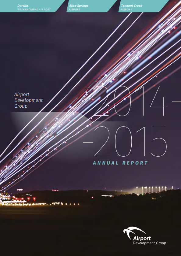 Annual report cover: Light trails over a night airport,