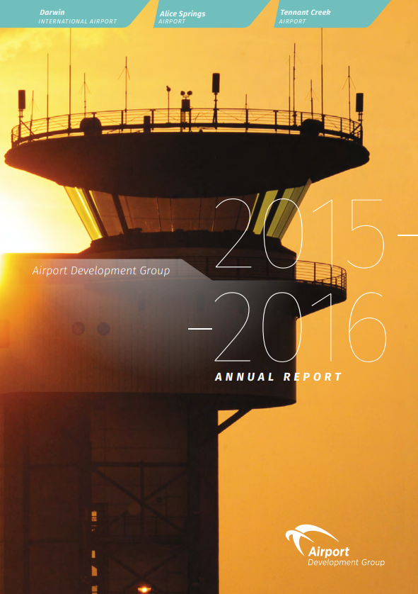 Airport control tower at sunset, Annual Report cover 2015-2016.