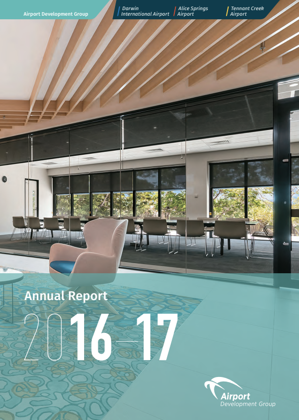 Annual Report 2016-17 cover: a modern airport office with a lounge chair and meeting table.