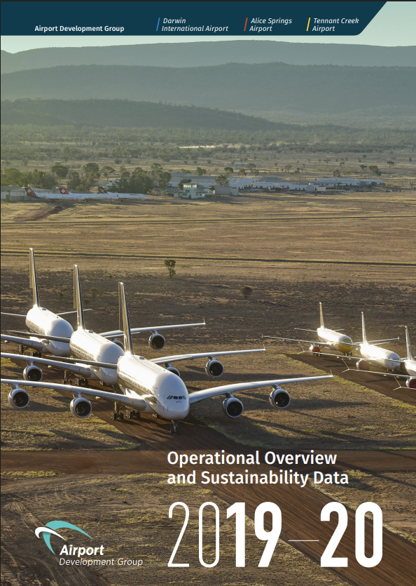 Cover of the 2019-20 Operational Overview and Sustainability Data report, with parked planes on the tarmac.