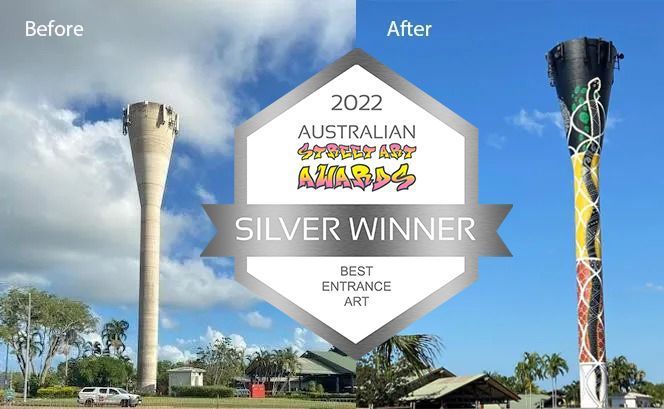 Before and after photos of a water tower.  The 