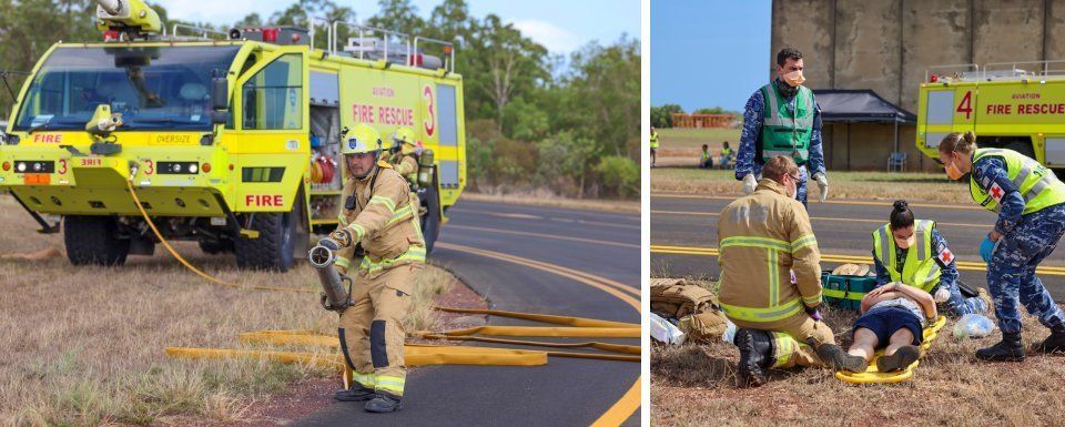 Firefighters and paramedics treating an injured person near a runway and fire truck.
