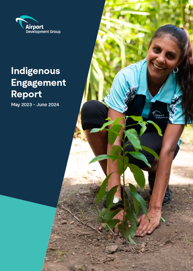 Woman planting a tree for Indigenous Engagement Report. Dark blue cover with white text.
