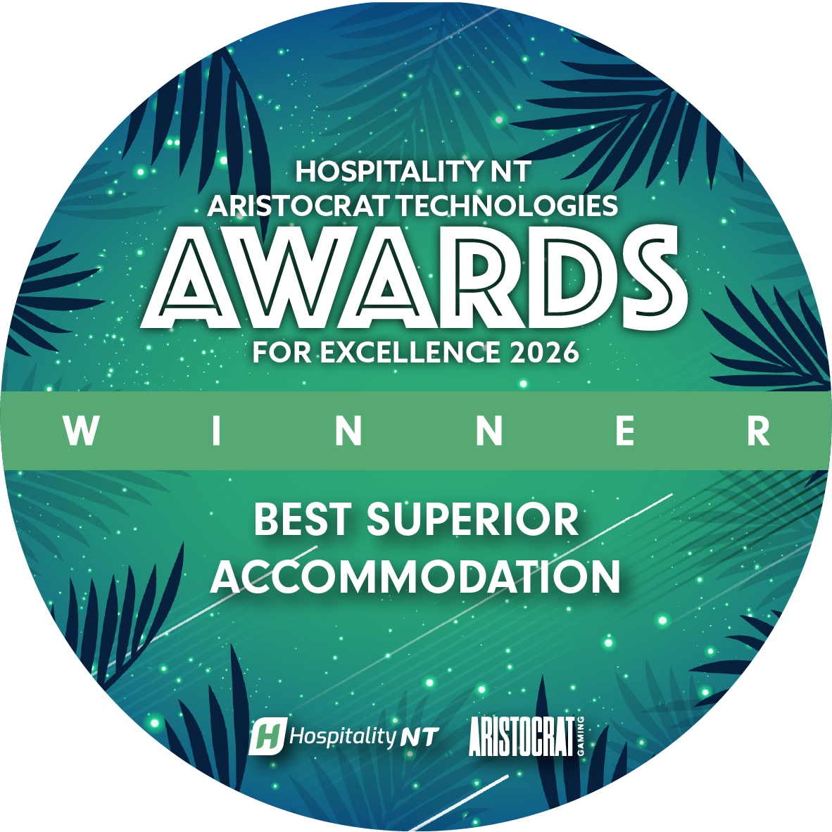 Hospitality NT Awards 2026 winner badge for Best Superior Accommodation, teal tropical design