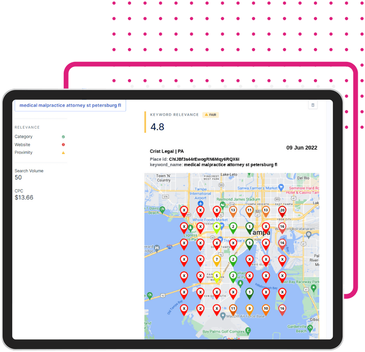 A tablet with a Google Business profile ranking map