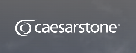 Caesarstone logo with a white spiral design and text on a gray background.
