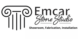 Logo for Emcar Stone Studio, featuring a column icon and text describing showroom, fabrication, and installation services.