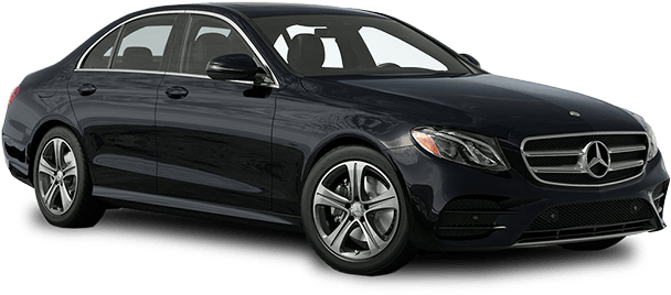 A black mercedes benz e class sedan is shown on a white background.