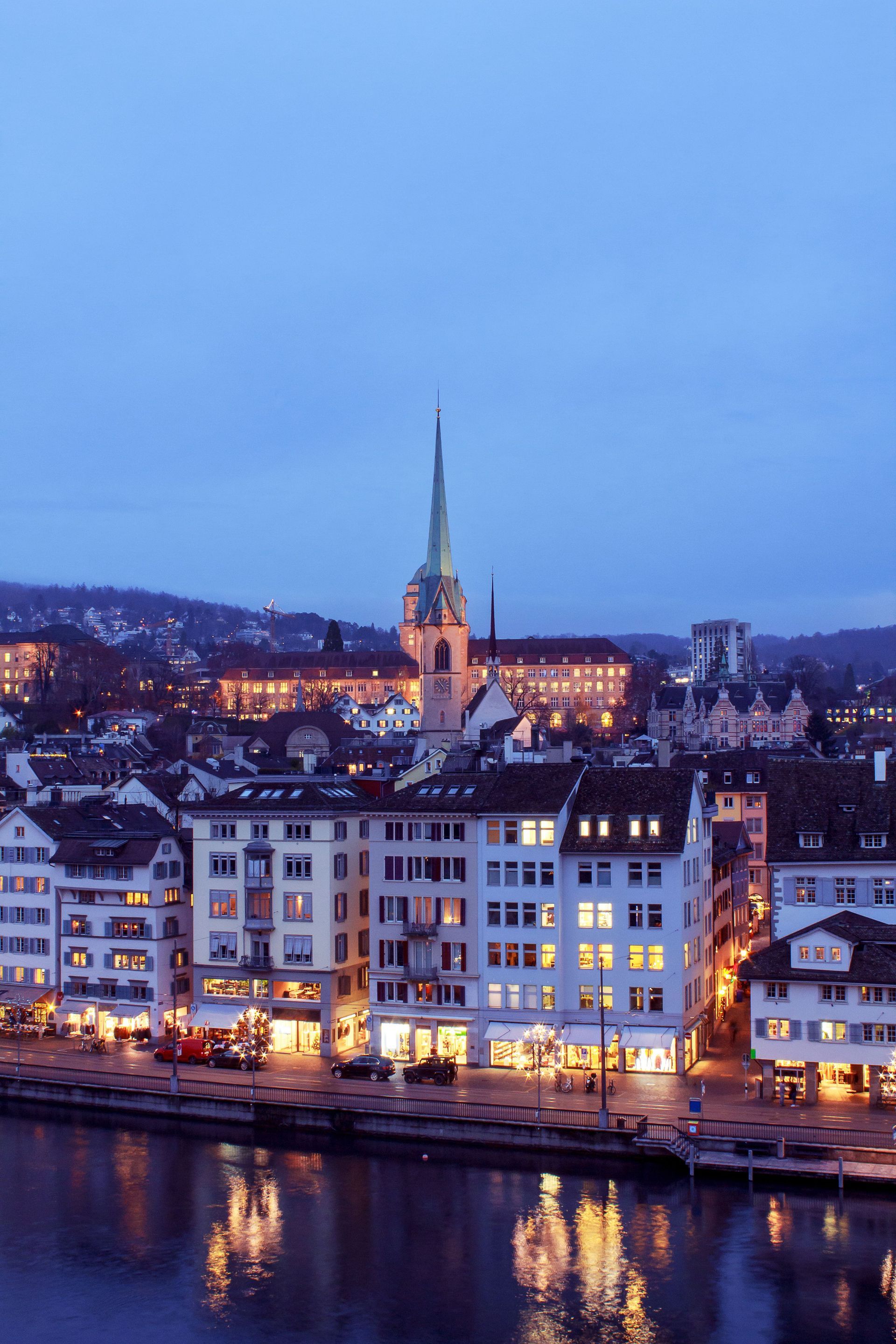 The word zurich that is on a building