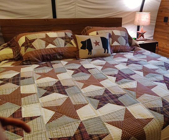 Bed with star-patterned quilt, matching pillows, and pig-shaped decorative pillow, wood headboard, lamp on nightstand.