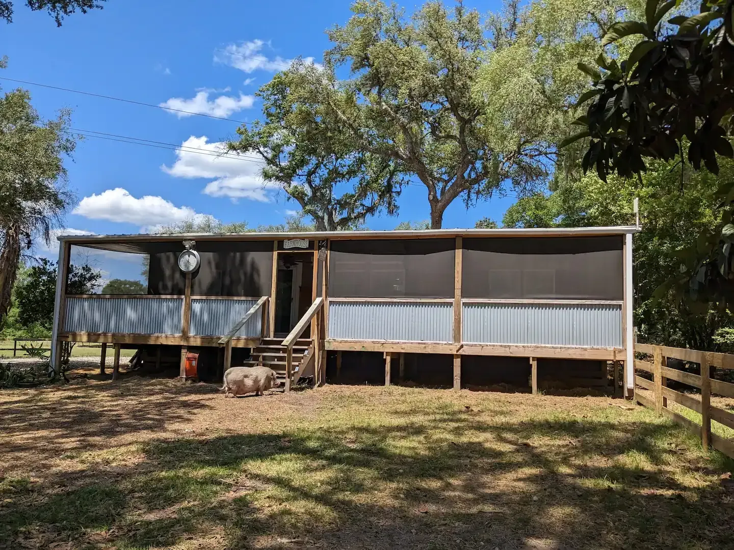 Mobile home with screened porch, wooden steps, and corrugated metal siding, set among trees on a sunny day.
