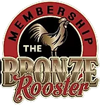 Logo for The Bronze Rooster membership. Features a bronze rooster inside a black circle, and red ring with text.