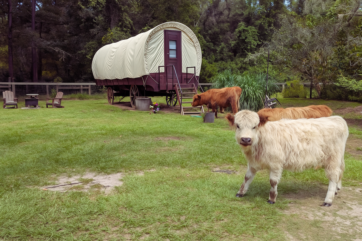White cow in a grassy field near a covered wagon, with a brown cow and picnic tables in the background