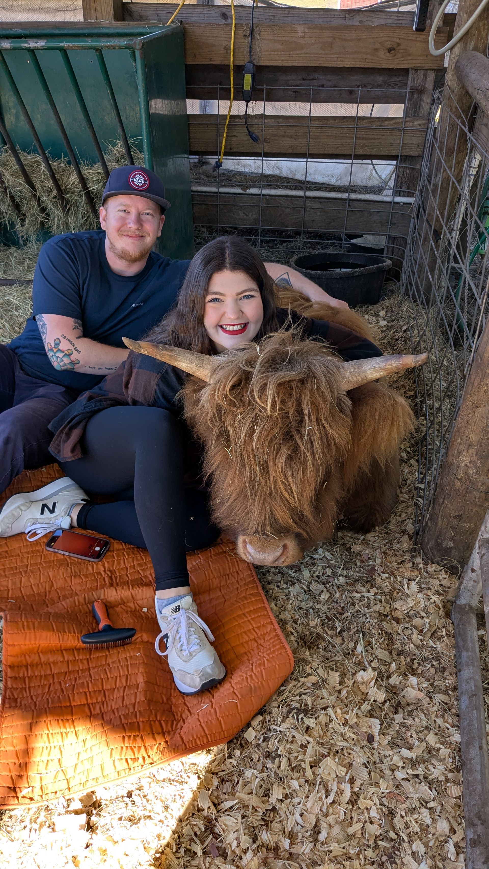 Woman and man seated with a Highland cow in a barn setting, smiling.