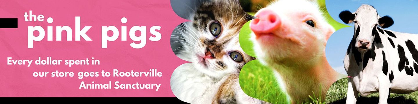 Pink Pigs logo with a cat, pig, and cow; supports Roseville Animal Sanctuary.