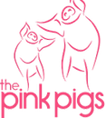 Pink outline drawing of two pigs, one larger, one smaller, with text:
