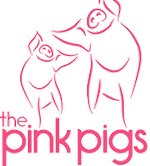 Pink outline drawing of two pigs, one larger, one smaller, with text: