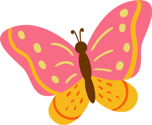 Butterfly Pink and yellow cartoon butterfly with small antennae and dots on the wings.